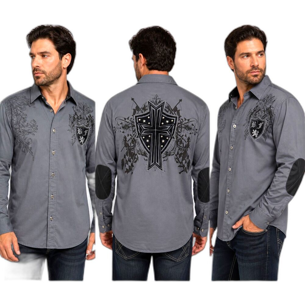 Bare Fox Mens 3XL Y2K Biker Shirt Studded Cross Graphic Snap Rocker Gray